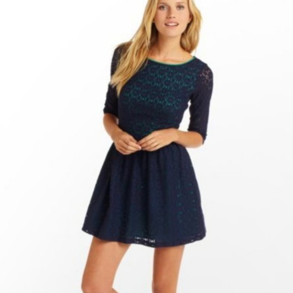 Lilly Pulitzer Alicia Fit/Flare Lace Cut Out Dress Emerald/Navy - 6 - Picture 1 of 8